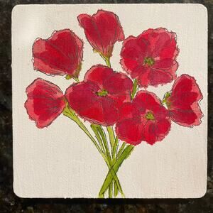 Hand painted watercolor original painting wooden coaster poppies flowers